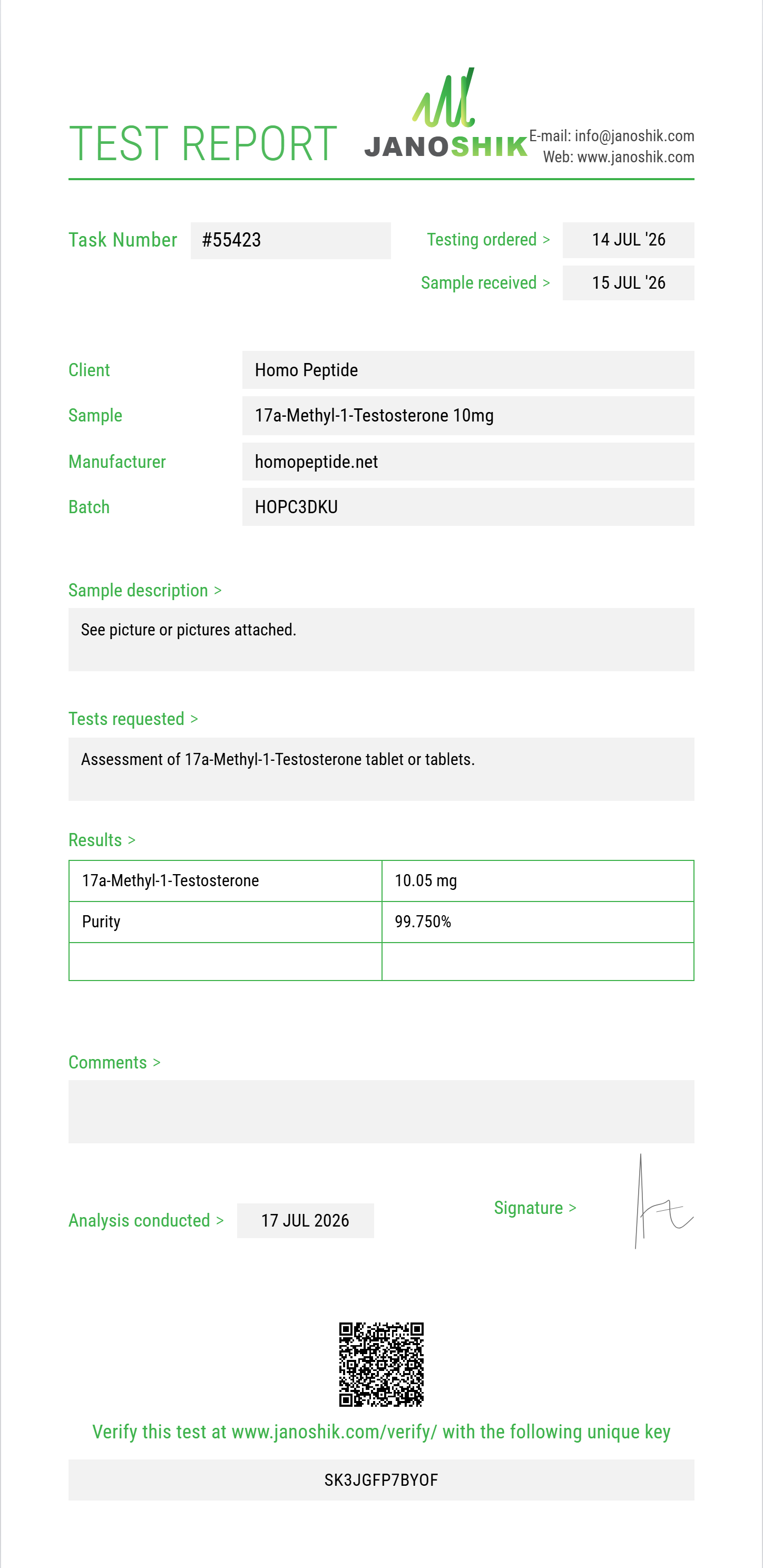 17a-Methyl-1-Testosterone Purity (HPLC) report by Janoshik Analytical