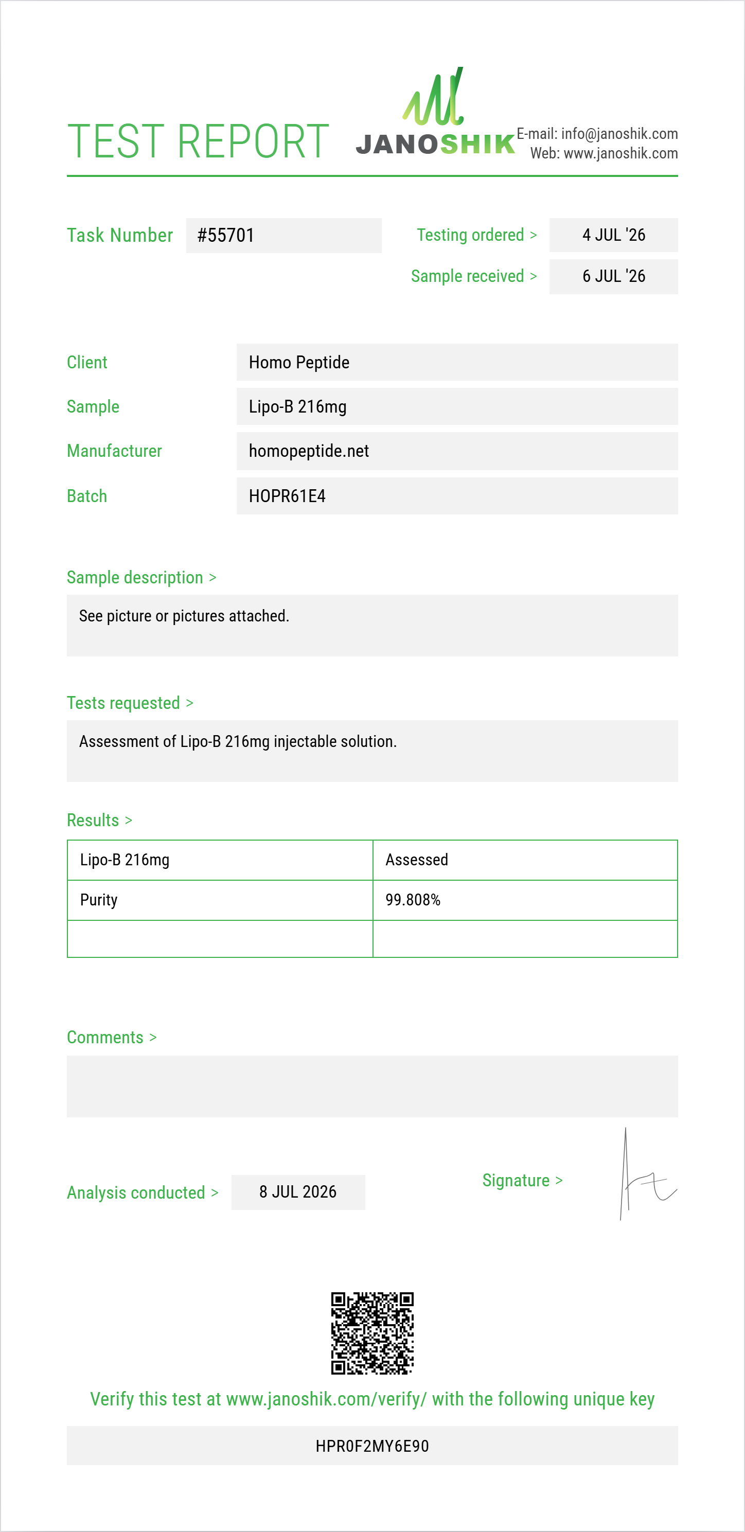 Lipo-B 216mg Purity (HPLC) report by Janoshik Analytical