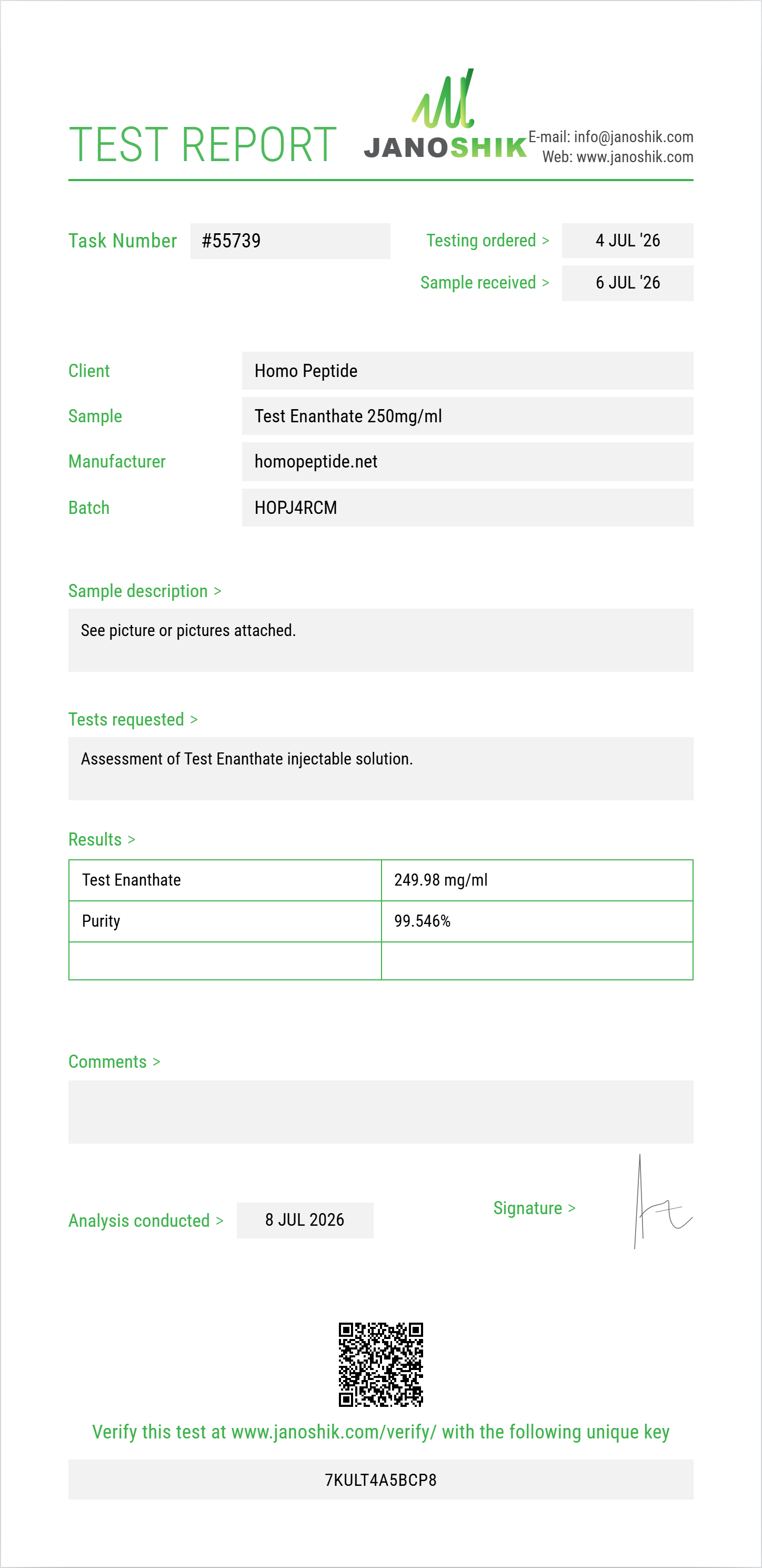 Test Enanthate Purity (HPLC) report by Janoshik Analytical